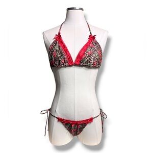 MUSERA Red Lace Trim Cherry & Leopard Print String Bikini Mixed Size L/XS